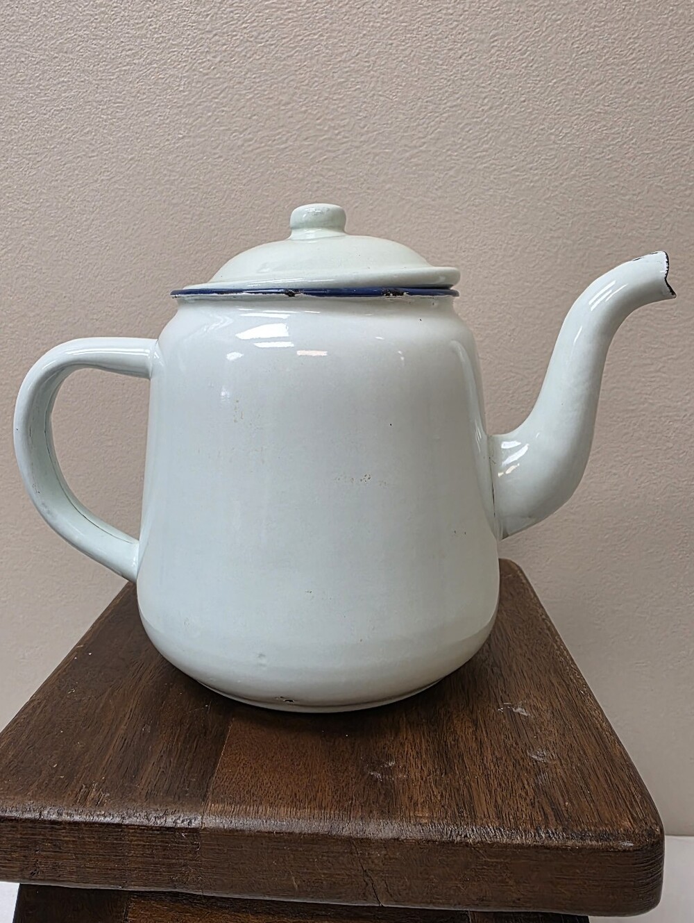 Vintage White Enamel Teapot with Navy Trim